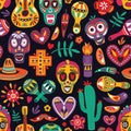 Colored seamless pattern with traditional Dia de los Muertos decorations on black background. Holiday backdrop. Festive Royalty Free Stock Photo