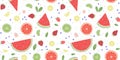 Colored seamless pattern from various berries and fruits. Watermelon, citrus, raspberry, strawberry, blueberry isolated on a white