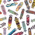 Colored seamless pattern with various skateboards