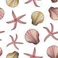 Colored seashells and starfishes seamless pattern. Hand drawn vector illustration of underwater shells and sea stars. Nautical Royalty Free Stock Photo