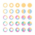 Colored segments pie diagram template. Circle graph collection. Circular structure chart into multicolor segments