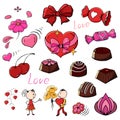 Colored set of elements for Valentine`s day background, lover with flowers, chocolates, heart, elements for greeting card