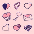 Set of hand draw hearts, cake, key and envelope Royalty Free Stock Photo