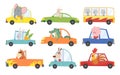 Colored set of kids transport with cute little animals driving car. Collection cartoon animal driver, pets vehicle and