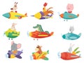 Colored set of kids transport with cute little animals flying on planes. Collection of funny pilots. Children cartoon