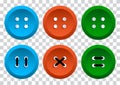 Colored set of round clothing buttons with thread. Vector illustration