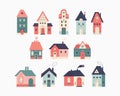 Colored set of small tiny houses and small buildings in Scandinavian style. Urban and village house exterior with tiled