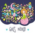Colored Set of teenage girl icons, cute cartoon teen objects with quote, fun stickers design vector in teenager girls