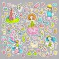 Colored Set of teenage girl stickers, cute cartoon teen patches, fun stickers design vector in teenager girls concept Royalty Free Stock Photo