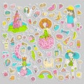 Colored Set of teenage girl stickers, cute cartoon teen patches, fun stickers design vector in teenager girls concept Royalty Free Stock Photo