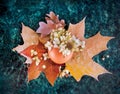 A colored shell, a broken egg with a background of yellow and red autumn leaves, dried hydrangea flowers and green marble. Royalty Free Stock Photo