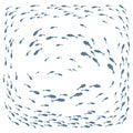 Colored silhouettes school of fish. A group of silhouette fish swim in a circle. Marine life. Vector illustration. Logo