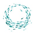 Colored silhouettes school of fish. A group of silhouette fish swim in a circle. Marine life. Vector illustration. Logo Royalty Free Stock Photo