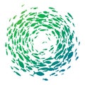 Colored silhouettes school of fish. A group of silhouette fish swim in a circle. Marine life. Vector illustration. Logo Royalty Free Stock Photo