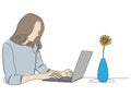 colored single line drawing of female entrepreneur using laptop