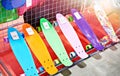 Colored skateboards in store Royalty Free Stock Photo