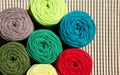 Colored skeins of thread for weaving macrame