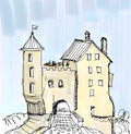 Colored sketch of a medieval castle with bridge