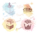 Colored sketches of cupcakes, berry pie and cake