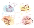 Colored sketches of cupcakes, berry pie and cake