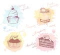 Colored sketches of cupcakes, berry pie and cake