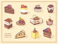 Colored sketches of cupcakes, berry pie and chocolate tiered cake