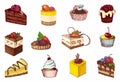 Colored sketches of cupcakes, berry pie and chocolate tiered cake