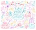 Colored sketchy doodle linear birthday holiday party event celebration item and supply set