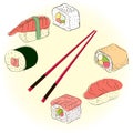 Colored sketchy sushi set Royalty Free Stock Photo