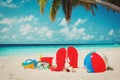 Colored slippers, toys and diving mask at beach Royalty Free Stock Photo