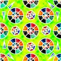 Colored small circles on a green background psychedelic geometric seamless abstract pattern