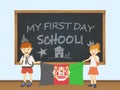 Colored smiling children, boy and girl, holding a national Afghanistan flag behind a school board illustration. Vector cartoon ill