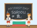 Colored smiling children, boy and girl, holding a national Bulgaria flag behind a school board illustration. Vector cartoon illust