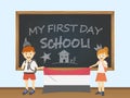 Colored smiling children, boy and girl, holding a national Egypt flag behind a school board illustration. Vector cartoon illustrat