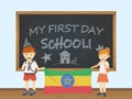 Colored smiling children, boy and girl, holding a national Ethiopia flag behind a school board illustration. Vector cartoon illust