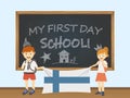 Colored smiling children, boy and girl, holding a national Finland flag behind a school board illustration. Vector cartoon illustr