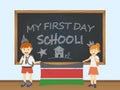 Colored smiling children, boy and girl, holding a national Kenya flag behind a school board illustration. Vector cartoon illustrat