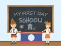 Colored smiling children, boy and girl, holding a national Laos flag behind a school board illustration. Vector cartoon illustrati Royalty Free Stock Photo