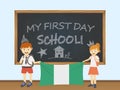 Colored smiling children, boy and girl, holding a national Nigeria flag behind a school board illustration. Vector cartoon illustr