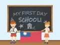 Colored smiling children, boy and girl, holding a national Taiwan flag behind a school board illustration. Vector cartoon illustra