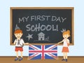 Colored smiling children, boy and girl, holding a national UK flag behind a school board illustration. Vector cartoon illustration