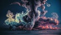 Colored smoke textures create an abstract, vibrant scene against a dark background