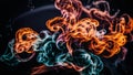 Colored smoke textures create an abstract, vibrant scene against a dark background