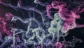 Colored smoke textures create an abstract, vibrant scene against a dark background