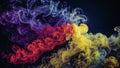 Colored smoke textures create an abstract, vibrant scene against a dark background