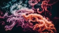 Colored smoke textures create an abstract, vibrant scene against a dark background