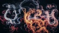 Colored smoke textures create an abstract, vibrant scene against a dark background