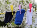 Colored socks pegged up on a washing line