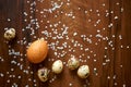 Colored speckled chicken and quail eggs on a dark wooden background strewn with spirea petals Royalty Free Stock Photo