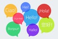 Colored speech bubbles with the text Hello in different language